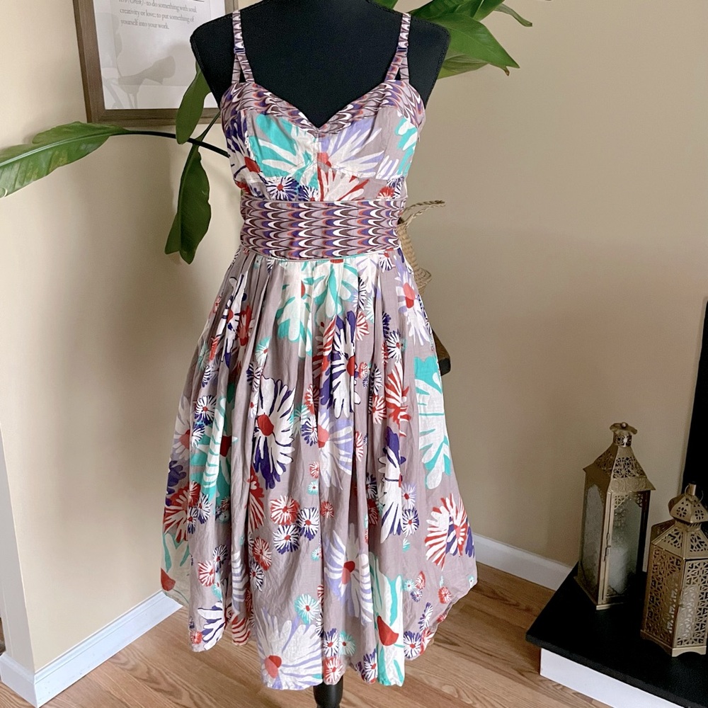 Aryeh Floral Midi Dress in Taupe, Teal, Purple, Red